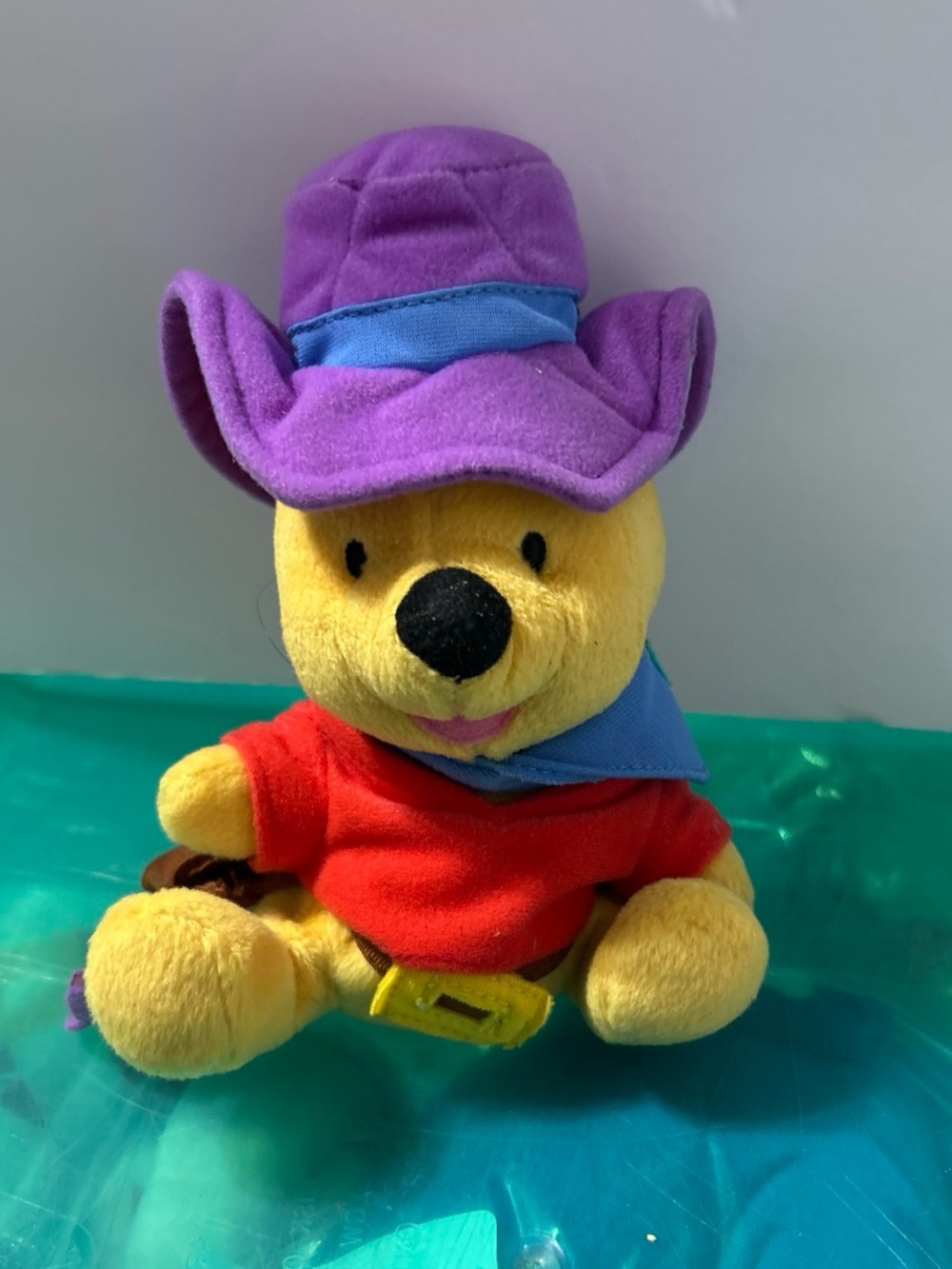 Mattel Yellow Plush Bear with Purple Hat and Red Shirt